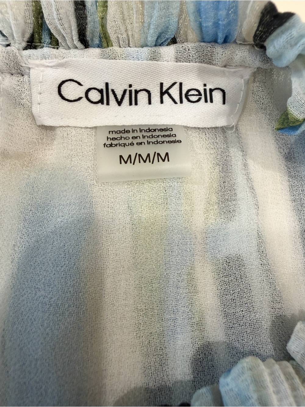 Calvin Klein Abstract Stripe Ruffle Neck Sleeveless Blouse Top Blue Green M NWT - Picture 14 of 15